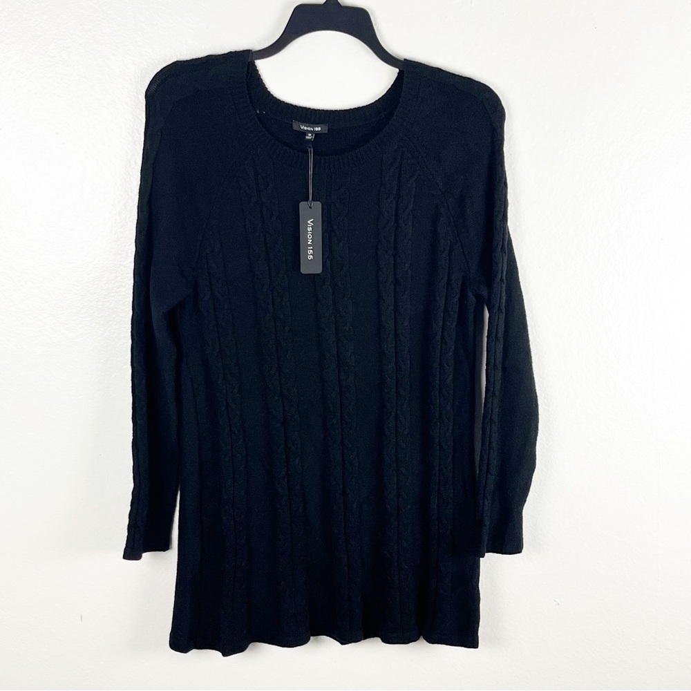 VISION 155 Black Cable Knit Long Sleeves Sweater Medium Casual Neutral Cozy